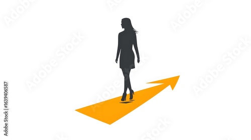 A silhouette of a woman walks forward on a yellow arrow. The arrow points in the other direction she is moving