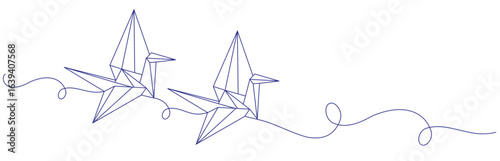 Hand drawn paper crane continuous line, ink drawing sketch vector illustration, blue origami isolated on white background