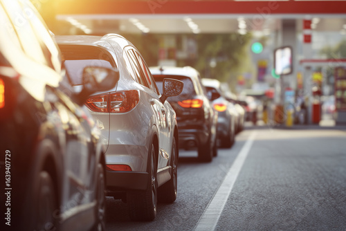 Queue of cars waiting at a gas station with realistic details