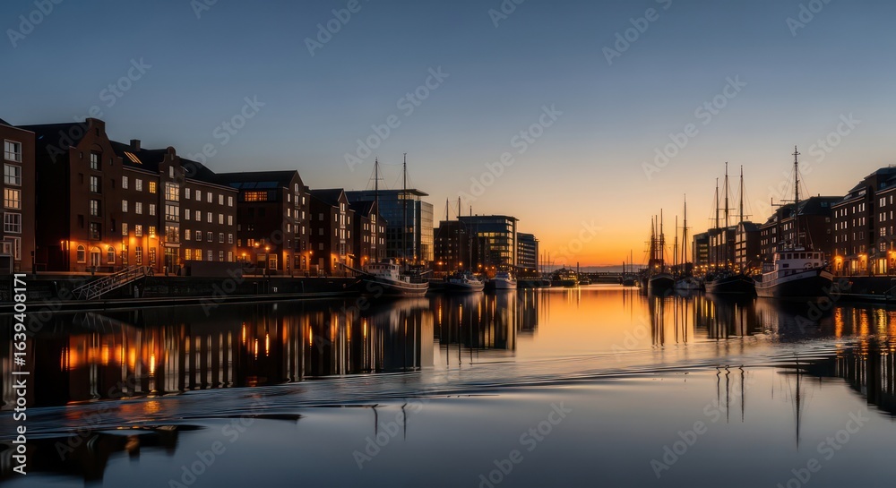 Naklejka premium Ripples on a Tranquil Harbor: City Lights Reflect at Golden Twilight