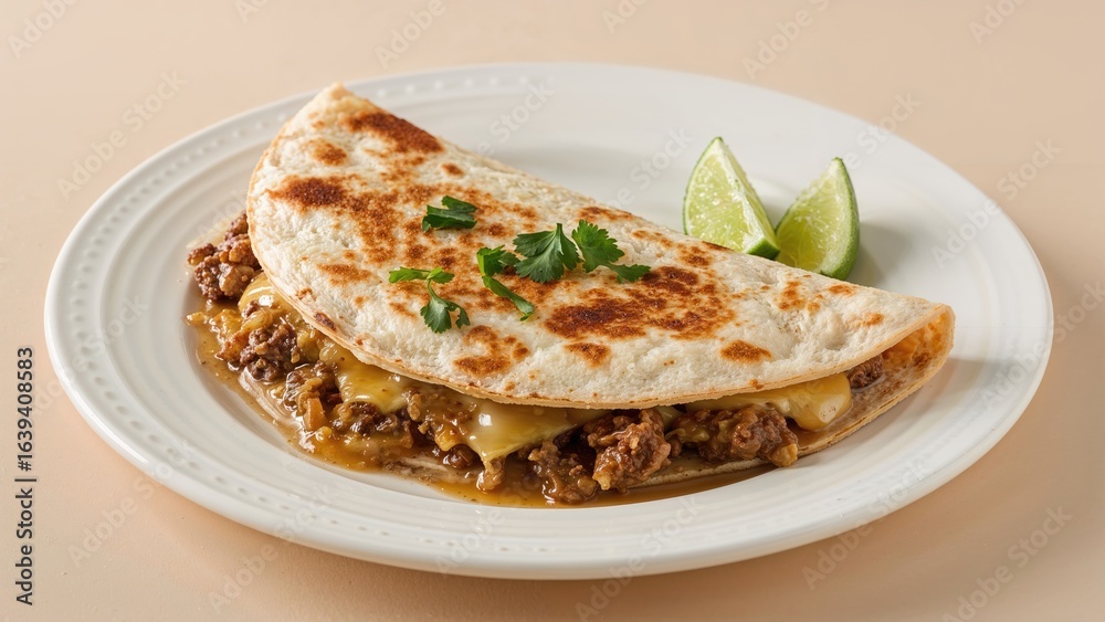 Savory Meat Quesadilla Arranged on a Plain White Plate Savory Meat Quesadilla Arranged on a Plain White Plate