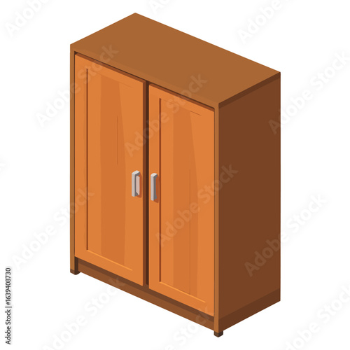 Isometric brown wooden wardrobe with two panel doors and simple vertical handles.