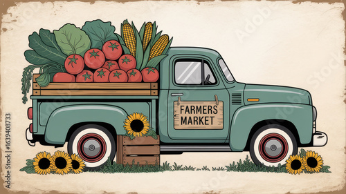 Vintage farmers market truck with fresh vegetables and sunflowers illustration