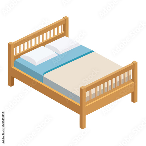 Isometric Illustration of a Wooden Double Bed with Light Blue and Beige Bedding