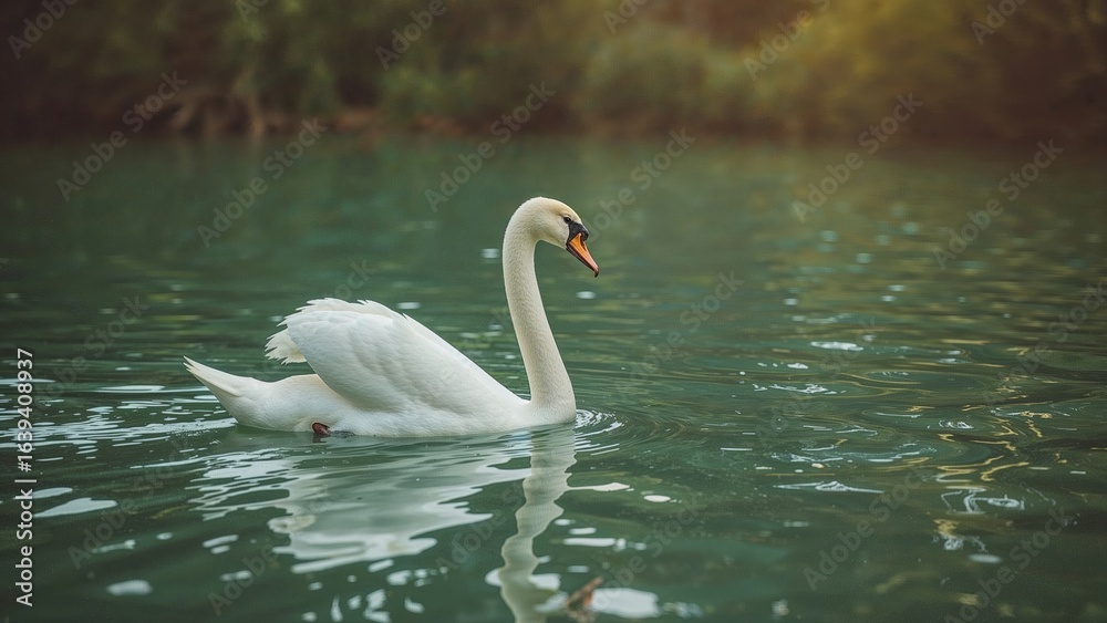 Elegant white swan swimming in a pond