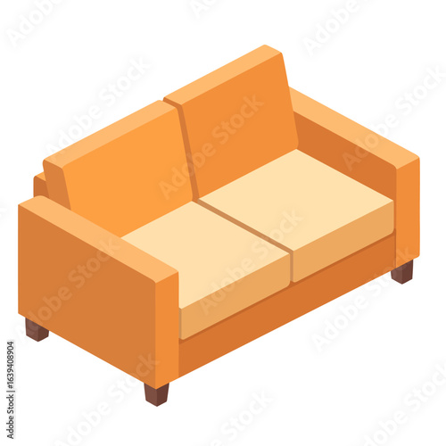 Modern orange two-seater loveseat with beige cushions, shown in an isometric perspective.