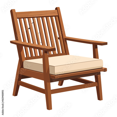 Classic brown wooden garden armchair with a slatted back and a comfortable beige cushion.
