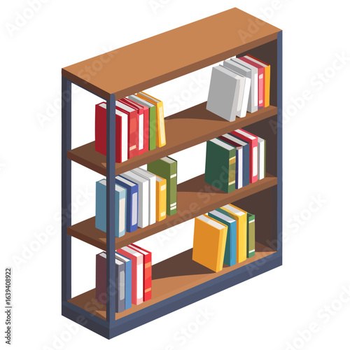Isometric wooden bookshelf with a blue frame, filled with rows of colorful hardback books.