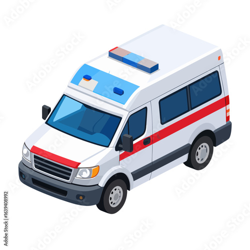 Modern white ambulance van with a red stripe and blue roof sirens, depicted in an isometric illustration style.