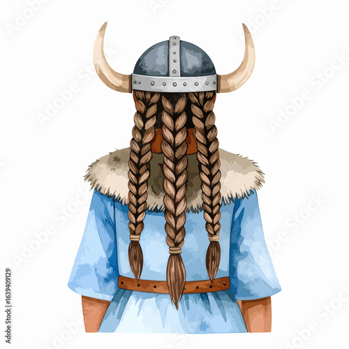 Rear view of a Viking woman with long brown braids, a horned helmet, and a blue fur-collared tunic.
