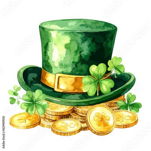 Vibrant Watercolor Green Leprechaun Hat with Gold Coins and Lucky Shamrocks