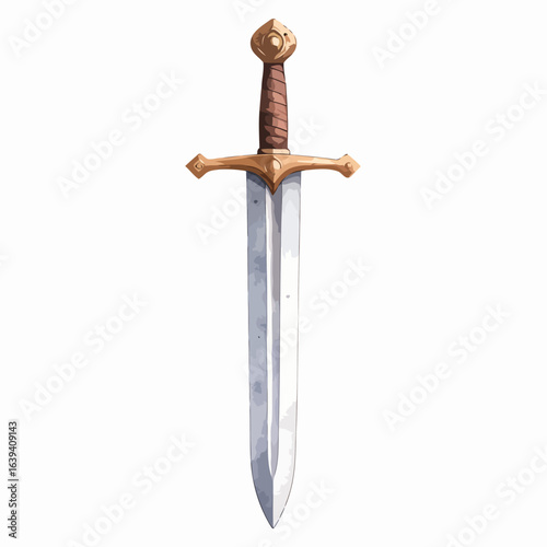 Illustrated medieval knight's sword with a golden hilt, brown wrapped grip, and a sharp steel blade.