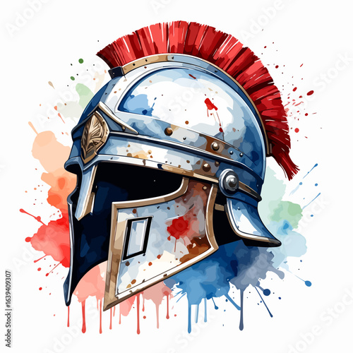 Ancient Roman helmet with a red crest, depicted in a vibrant watercolor splatter illustration.