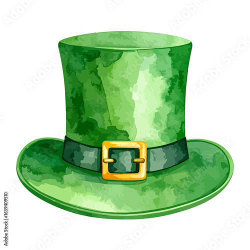 Traditional green leprechaun top hat with a golden buckle, featuring a rich watercolor texture.