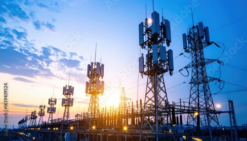 Modern communication towers against a vibrant sunset sky