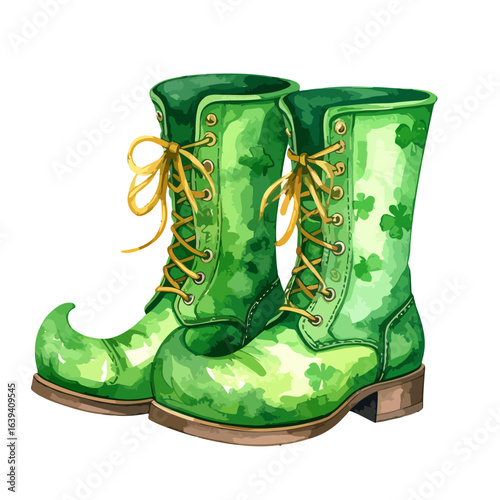 Festive green leprechaun boots with curled toes, yellow laces, and a shamrock pattern.