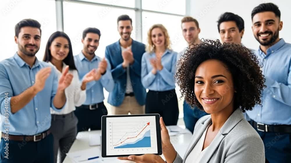 Successful diverse business team applauding a female leader presenting positive growth data on a tablet, celebrating achievement and teamwork in a ... Successful diverse business team applauding a female leader presenting positive growth data on a tablet, celebrating achievement and teamwork in a ...