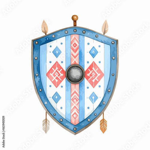 Ornate tribal shield with blue rim, red geometric patterns, central boss, and feathers.
