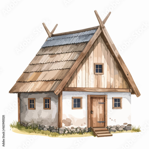 Rustic medieval Viking house with a thatched roof and crossed wooden beams. Watercolor illustration.