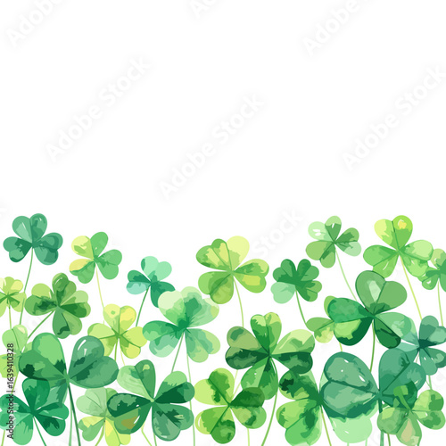 Vibrant green three-leaf clovers in a delicate watercolor style, forming a lush bottom border.