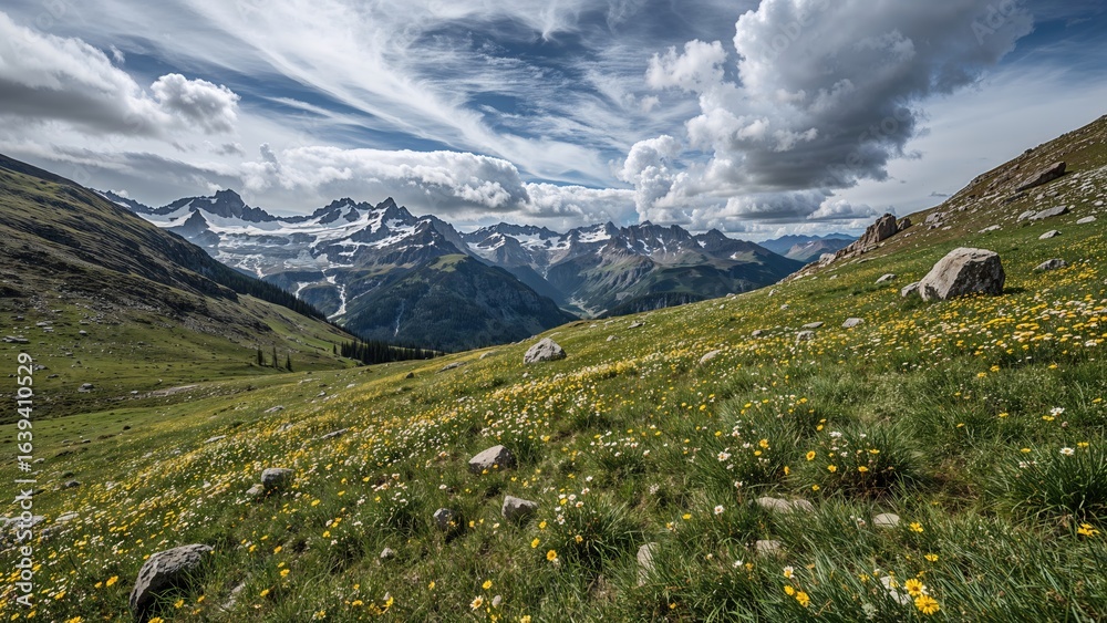 Fototapeta premium Abundant alpine flora nestled among rocks on a grassy incline in a lush valley glowing in sunlight, with a panoramic view of large snow-capped mountains and an extensive glacier under an overcast