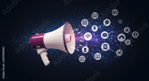 Megaphone broadcasting digital information and social media symbols illustrating global communication networks and data exchange across platforms
