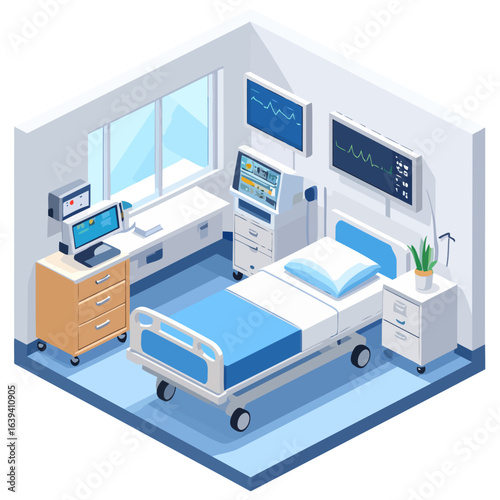 Isometric view of a modern hospital room with an empty bed, vital signs monitors, and medical equipment.