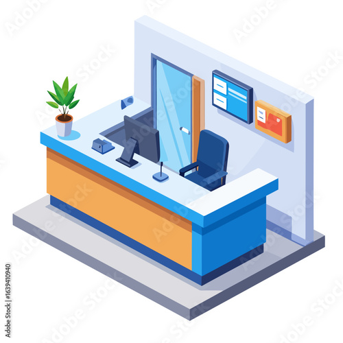 Modern isometric reception desk in blue and orange, featuring a computer, microphone, and office chair.