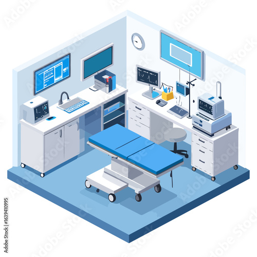 Isometric Operating Room with Medical Equipment and Blue Examination Table