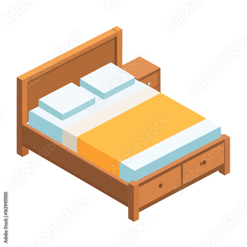 Isometric wooden double bed with attached nightstand and storage drawers.