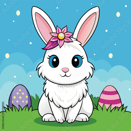 Cute Easter bunny cartoon with eggs, flowers, and a grass illustration on a spring holiday card