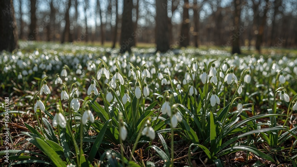 Fototapeta premium Snowdrop blooms opening under warm spring sunlight