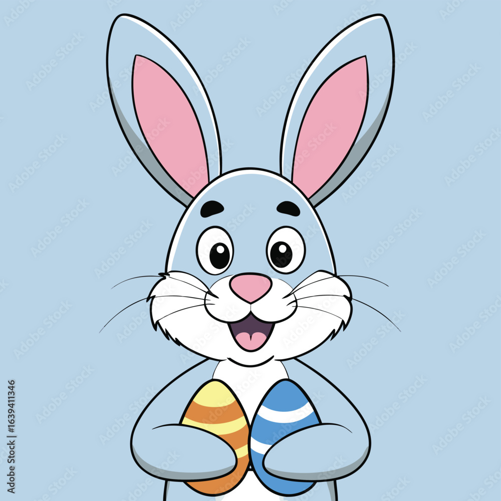 Fototapeta premium A happy cartoon easter bunny with colorful eggs