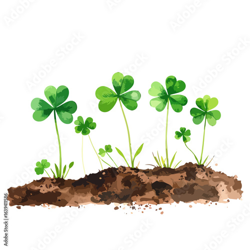 Watercolor style shamrocks growing in brown soil, vibrant green leaves, lucky clover plants
