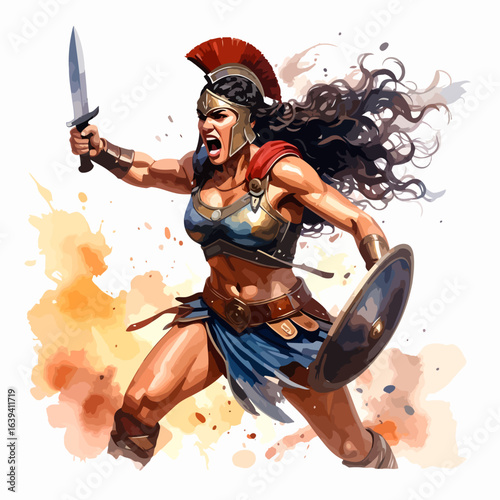 Fierce female Spartan warrior in bronze armor, shouting with a sword and shield in a dynamic battle pose.