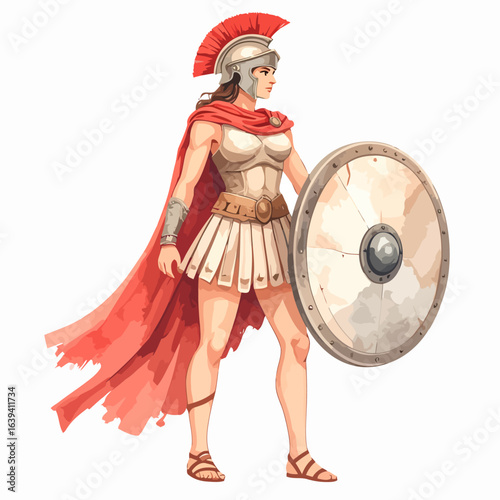 Majestic Female Warrior in Ancient Greek Armor with Red Cape and Shield