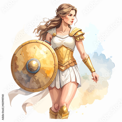 Watercolor Illustration of a Warrior Woman in Golden Armor and Shield