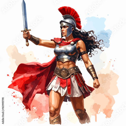 Powerful Female Warrior in Roman Armor Holding Sword Aloft