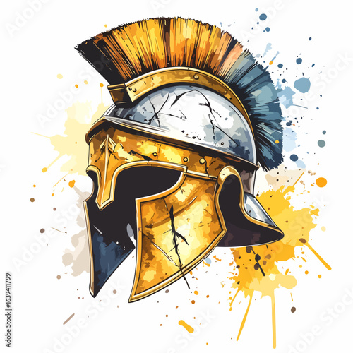 Artistic illustration of a cracked, golden Spartan helmet with a prominent blue and yellow plume, rendered in a dynamic watercolor style.