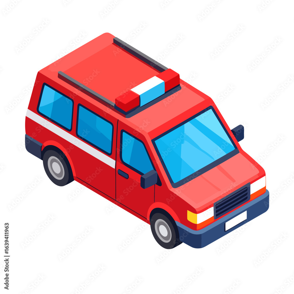Isometric red emergency service van with a white stripe and roof siren. Isometric red emergency service van with a white stripe and roof siren.