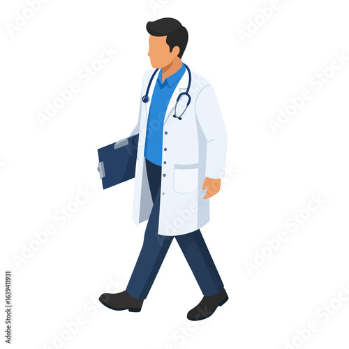 Male doctor in a white coat with a stethoscope and clipboard, walking in an isometric view.