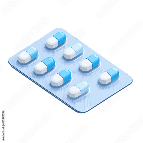 Isometric blister pack with eight two-toned blue and white medicinal capsules.