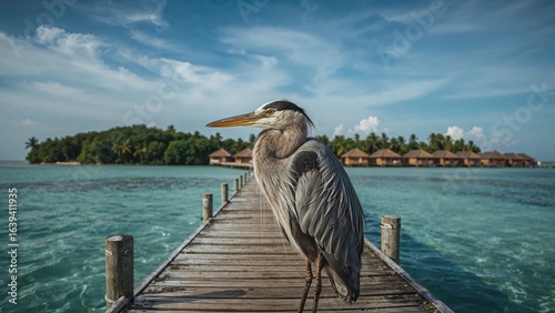 Fototapeta Naklejka Na Ścianę i Meble -  A heron standing on an old pier framed by serene water and cozy seaside cottages