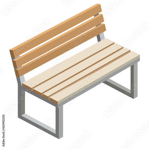 Modern park bench with wooden slats and a grey metal frame, isometric illustration.