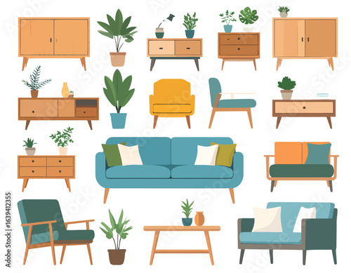 Stylish mid-century modern furniture set with sofas, armchairs, tables, and houseplants.