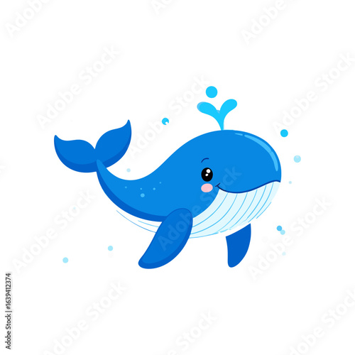 Cute blue whale cartoon character spouting water. A happy sea animal illustration isolated on a white background.