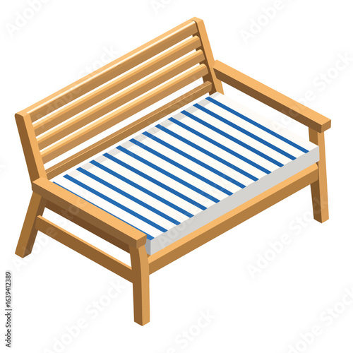 Isometric wooden garden bench with a blue and white striped cushion.