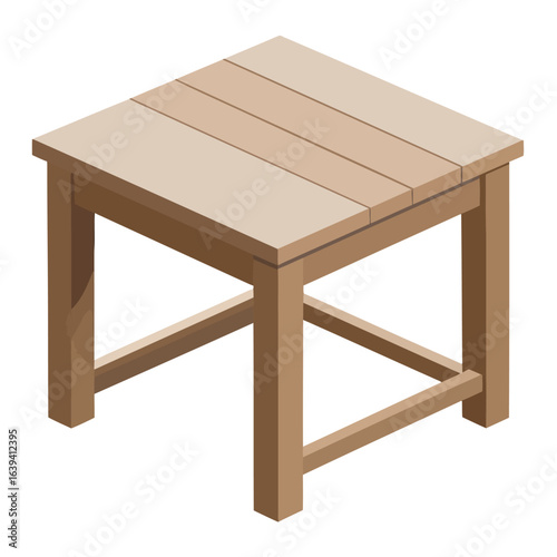 Isometric vector illustration of a small, square wooden stool with a planked tabletop.