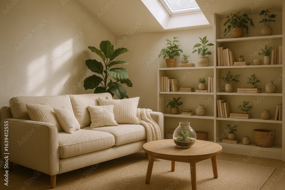 Fototapeta premium Serene living room featuring a comfortable sofa, natural light from a skylight, and a bookshelf filled with plants and books.
