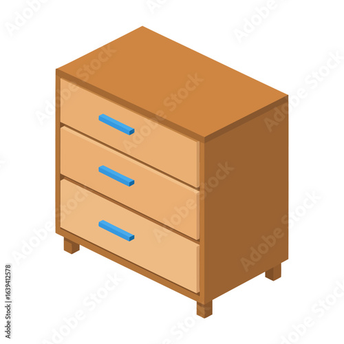 Isometric Wooden Chest of Drawers with Blue Handles